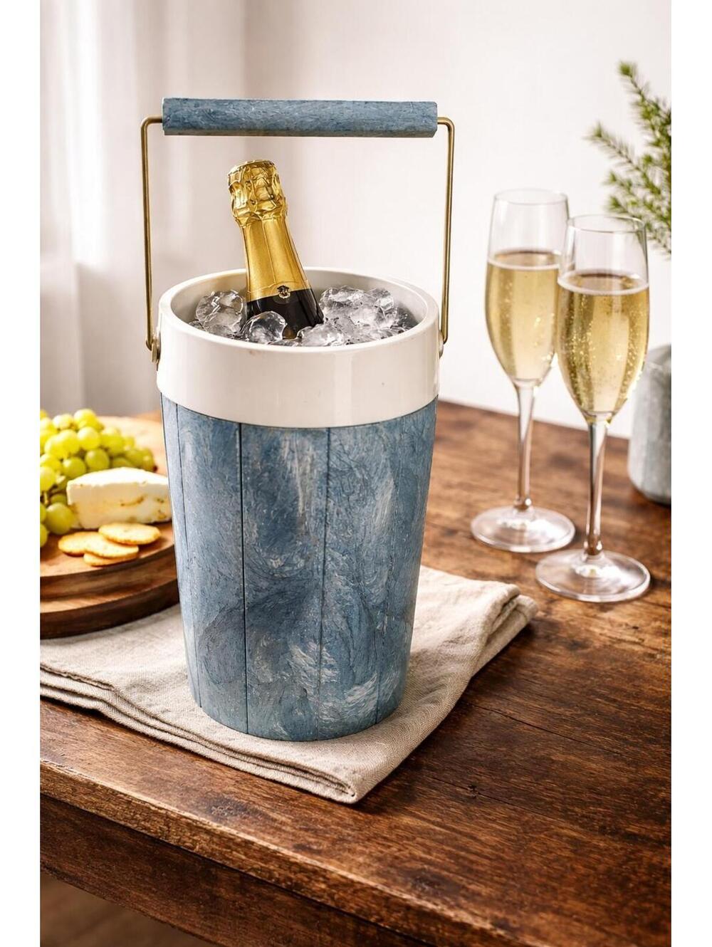 Vintage Ice Bucket Blue Marbled Plastic Handle White Lid Retro Barware 70s